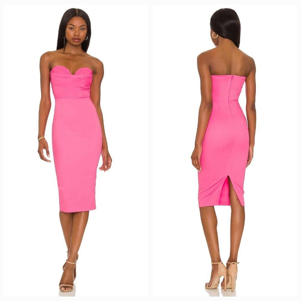 MORE TO COME Sophia Strapless Midi Dress in Pink